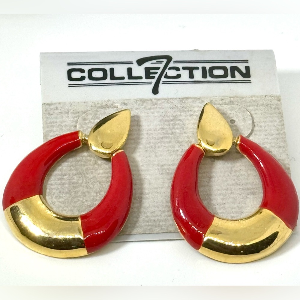 Vintage Lilly’s Red & Gold  Enamel Geometric Tear Drop Dangle Earrings